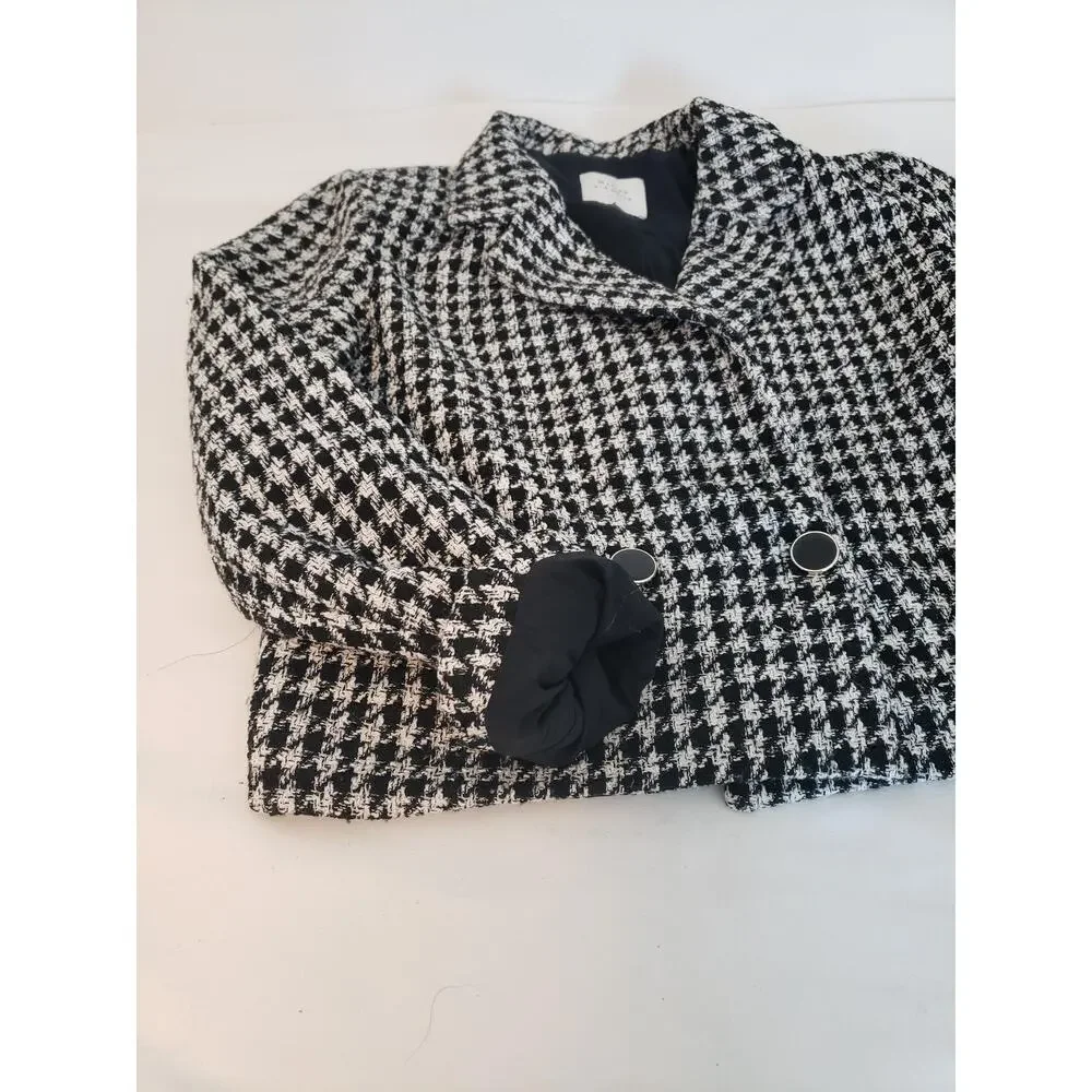 Vintage Blazer Suit Jacket Womens 12 Black White Houndstooth Cropped Tweed Paris - Picture 2 of 16